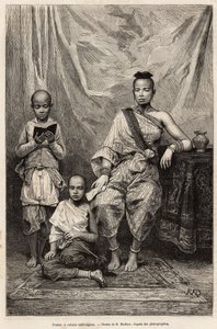 柬埔寨妇女和儿童，根据 D.Maillart 的一幅画雕刻，描绘了前往 Cochinchine 的航程，由 Morice 博士于 1872 年出版，发表于 1875 年的“Le tour du monde””，Edouard Charton 编辑，巴黎 Hachette 版。 塞尔瓦收藏。 作者 法语学校