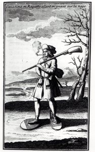 加拿大雪鞋在雪地上开战，来自1753年出版的Bacqueville de La Potherie（1663-1736）的Histoire de lAmerique septentrionale 作者 法语学校