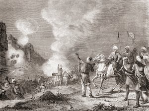 1274 年，苏丹阿布-雅库布-优素福在围攻摩洛哥西吉尔马萨时将大炮用作攻城器械，摘自《科学的奇迹》，约 1870 年出版（雕刻）。 作者 French School
