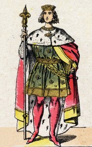 卡佩特王朝。法国菲利普四世的肖像，被称为菲利普-贝尔（1268-1314），1285年至1314年的法兰克人国王。19世纪末的埃皮纳尔成像。私人收藏。 作者 法语学校