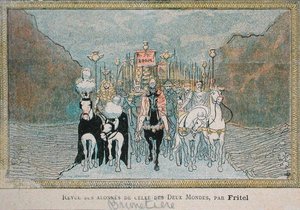 法国文学评论家费迪南-布鲁内蒂尔（1849-1906）的漫画，约1900年（彩色平印）。 作者 法语学校