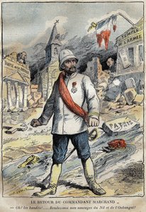 关于指挥官让-巴蒂斯特（Jean Baptiste）-马尚（1863-1934）的漫画，在土伦，从非洲的勘探任务（1896-1899）返回。1899年6月4日 "Le Pelerin "上的雕刻。 作者 法语学校