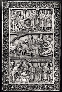 用于书籍封面的雕刻牌匾，描绘了圣雷米吉乌斯（c.437-533）的生活场景和克洛维斯一世（465-511）的洗礼 作者 法语学校