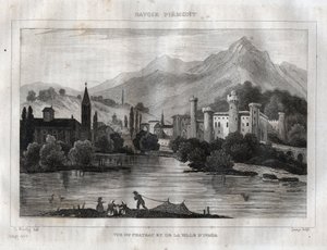 伊夫雷亚城堡--Castello di Ivrea--来自M. de Norvins, Ch. Nodier 1834-1836的 "意大利风景画 "的版画。 作者 法语学校