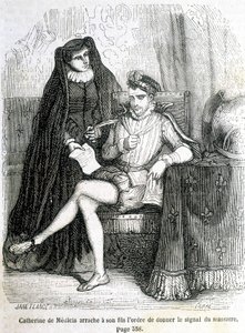 凯瑟琳-德-美第奇（Caterina de Medici）从她的儿子（查理九世）那里撕下命令，发出1572年屠杀圣巴特勒米的信号--见L.-P.的《法国史》。安凯尔 作者 法语学校