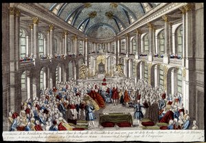 1770 年 5 月 16 日，法国海豚路易·奥古斯特 (Louis XVI) 和奥地利的玛丽·安托瓦内特 (Louis Auguste) 在凡尔赛教堂举行的新娘祝福仪式 - 雕刻 作者 法语学校