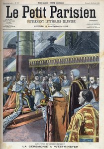 在威斯敏斯特举行的加冕仪式。国王爱德华七世（1841-1910）和丹麦的亚历山德拉（1844-1925），载于 "小巴黎人"。 作者 法语学校
