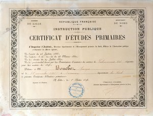 1898年里尔学院小学教育证书（纸上墨水） 作者 法语学校