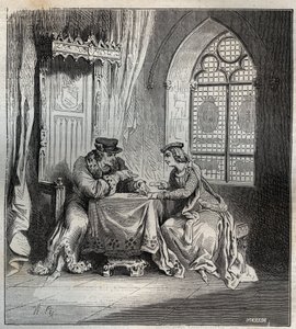 Charles VI (1380-1422) and Odette de Champdivers - King Charles VI of France, known as Charles the Good Aime, then Charles the Fol (1368-1422) with his mistress Odinette (Odette) de Champdivers (circa 1390-around 1425) playing cards engraving in “Paris a t 作者 法语学校