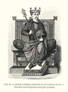 860 年洛林加冕国王查尔斯秃头，出自柳特哈德 (Liuthard) 所写的祈祷书（版画） 作者 法语学校