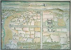 Chateaux de la Loire：“Plessis Bourre城堡的景色””法国画派水彩画。 1699 年巴黎，B.N. 作者 法语学校
