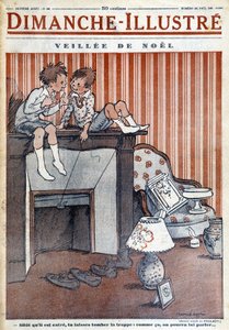 孩子们坐在烟囱上，给圣诞老人设陷阱，为 1930 年圣诞节的报纸 "Le Dimanche illustrious"（雕刻） 作者 法语学校