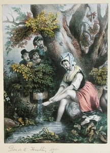孩子们在窥视一个在溪流中洗脚的小女孩，约1840年（彩色平版印刷）。 作者 法语学校