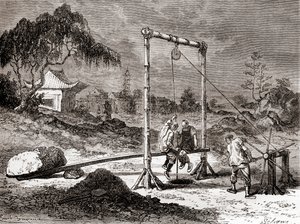 Chinese workers in the 19th century digging a well for the extraction of salt water, from 