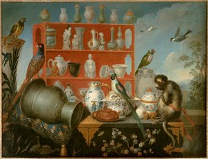 中国装饰画的叠加。瓷器、猴子和鸟的静物画。18世纪的匿名法国绘画。巴黎，装饰艺术--中国传统艺术的 "变形画"。瓷器、猴子和鸟的静物画。佚名 英国 作者 法语学校