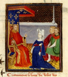 克里斯蒂娜向路易-奥尔良求婚，MS Harley 4431，f.58v，法国，约 1410-14 年（羊皮纸上的彩色图案） 作者 法语学校