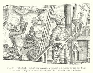 克里斯托弗·哥伦布 (Christopher Columbus) 第一次去西方国家旅行时在他的帆船上； 基于 16 世纪 niello，Bibl Laurentienne de Florence（雕刻） 作者 法语学校