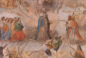 教堂（Eglise Saint-Jean-Baptiste）。 内部的。 圣弗西教堂。 壁画。 颂扬玛丽（被称为善死的壁画）。 17 世纪开始。 作者 法语学校