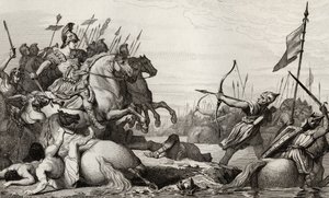 Clodion，The Hairy（c.428-47）在被Aetius击败之后撤退，从Colart的“Histoire de France”中脱颖而出，出版于1840年 作者 法语学校
