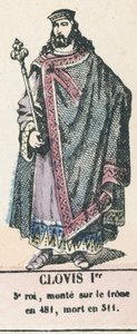 克洛维斯一世，第五任国王，481年登基，511年去世（彩色雕刻）。 作者 法语学校