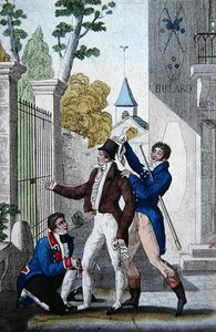 Louis-Benoit Picard的喜剧《Les Deux Philibert》第三幕第七场中的 "Clozel、Pelissier和Armand"（彩色平印）。 作者 法语学校