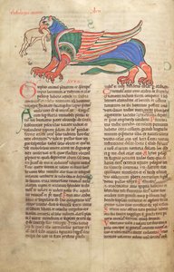 鳕鱼。 Guelf。 1 Gud。 LAT。 39v，一个格里芬吞噬一个人，来自Liber Floridus by Lambert de Saint-Omer c.1120 作者 法语学校