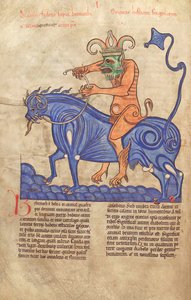 鳕鱼。 Guelf。 1 Gud。 LAT。 41V，撒旦骑着巨兽，来自Liber Floridus by Lambert de Saint-Omer c.1120 作者 法语学校