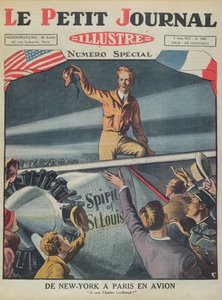 Charles Lindbergh上校（1902-74）于1927年5月21日从纽约飞往巴黎的第一次跨大西洋航班抵达勒布尔热机场后，1927年6月5日Le Petit Journal的封面（col