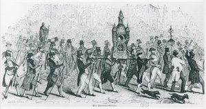庆祝环法自行车赛的同伴们，约1845年（雕刻）（黑白照片）。 作者 法语学校