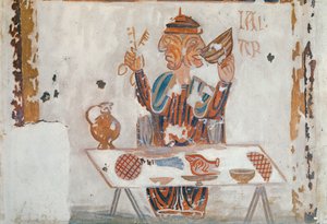 中世纪原版的复制品，描绘了1月份的职业，来自Chapelle de Pritz，Laval 作者 法语学校