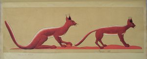 描述两只野生猫的原始的古老埃及壁画的拷贝 作者 法语学校