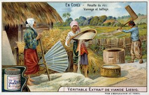 Coree：水稻收割、编织和脱粒 - chromo。 Liébig, v.1900 作者 法语学校