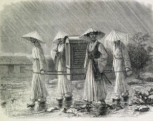 穿着轿子（Coreens 的雨衣）的 Coreens 抬着一把椅子。插图摘自前海军军官 H. Zuber 先生（1866 年）的 "朝鲜探险"--载于 "Tour du Monde"。 作者 法语学校
