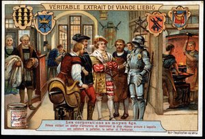 中世纪的公司（Middle Ages）：普林斯参观军械库并检查制粒商、马鞍匠和枪匠工作的最新盔甲。 19 世纪后期的利比格色谱法。 作者 法语学校