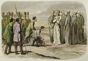 马丁-德-巴伦西亚脚下的科尔特斯（手绘版画） 作者 French School