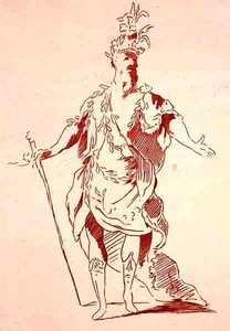 河神的服装设计，来自于Menus Plaisirs收藏，A. Guillaumot Fils的传真，约1750年（彩色平印）。 作者 法语学校