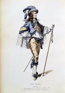 Jean Baptiste Poquelin dit Moliere (1622-1673)的同名作品第一幕第二场中的唐璜角色的服装。19世纪巴黎法国喜剧团的版画 作者 法语学校