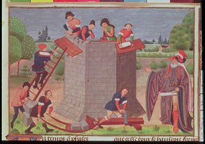 Cott Aug V fol.22 《建造巴别塔》，《Le Tresor des Histoires》（牛皮纸）中的缩影 作者 法语学校