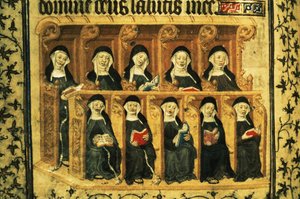 Cott Dom A XVII f.74v 唱诗班中的修女，选自巴黎亨利六世诗篇 作者 法语学校