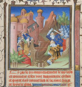 Cotton Nero E II pt.1，f.222，路易七世及其父亲之战，选自 Grandes Chroniques de France（《法兰西纪事》）。 作者 法语学校