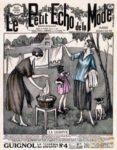 报纸 "Le petit echo de la mode "洗涤剂的封面--两个女人带着一个女孩和一只狗在外面的线上铺开晾晒的亚麻布，8月8日第32期 作者 法语学校