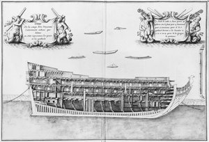完全完成的船内部的横截面，从Atlas de Colbert的例证，板材37 作者 法语学校