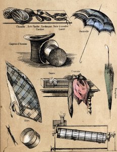 文化描述和丝绸产品：配件和物品（手套、帽子、雨伞、马甲、筛子、鱼线、缝纫线、绳索）。Jules DELBRUCK创作的 "les Recreations instructives "中的 "la soie "板块，1860年的雕刻。绘画 作者 法语学校