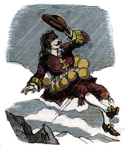 Cyrano de Bergerac rises in the sky thanks to vials of rosee and voyage to the moon, illustration of the novel by Hercules Savinien Cyrano de Bergerac (1619-1655): “” The other world”” 作者 法语学校