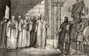Dagobert（603-39）在Corart的&39;Histoire de Paris&39;中击败圣丹尼斯的旗帜，发表于1840年 作者 法语学校
