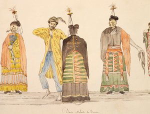 摩鹿加群岛布鲁岛的土著舞蹈，儒勒-路易-勒让的水彩画，基于《环球航行》。 作者 法语学校