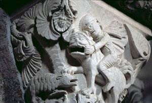 大卫杀狮（大写的细节）约1130年（石头）。 作者 法语学校
