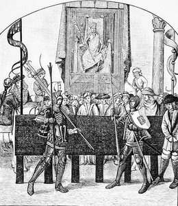 主持战斗的死亡，来自Olivier de la Marche（1426-1501）写的Le Chevalier Delibere（坚决骑士）中世纪科学与文学和Renaissan的插图 作者 法语学校