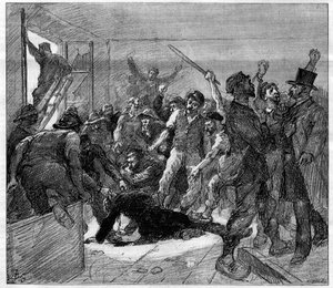 1886年Decazeville (Aveyron)矿工罢工：工程师Watrin被Grevists谋杀。1886年2月6日，《世界画报》上的版画。 作者 法语学校