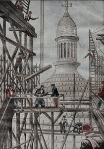 揭开蒙马特大教堂穹顶施工结束的脚手架演示。1899年12月17日《Le Pelerin》杂志上的版画。 作者 法语学校